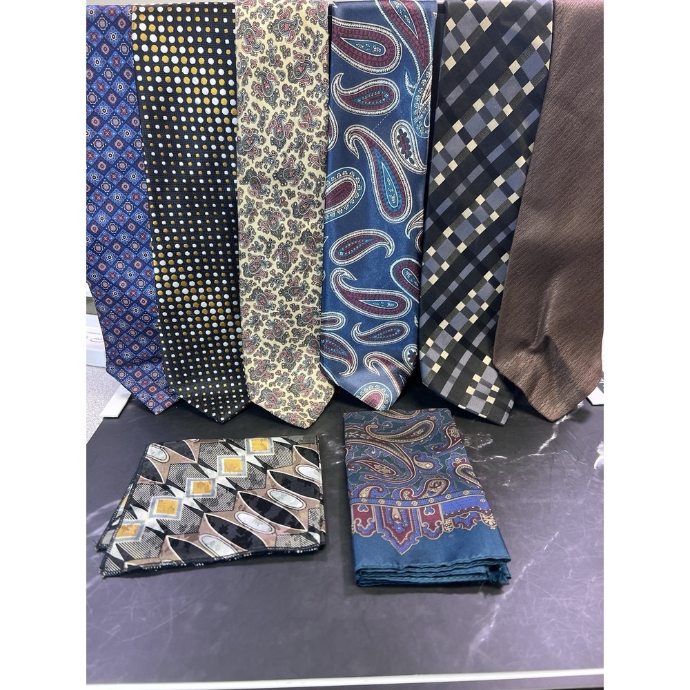 Vintage Men's Neckties Lot Of 6 Different Brands Ties And 2 Pocket Squares